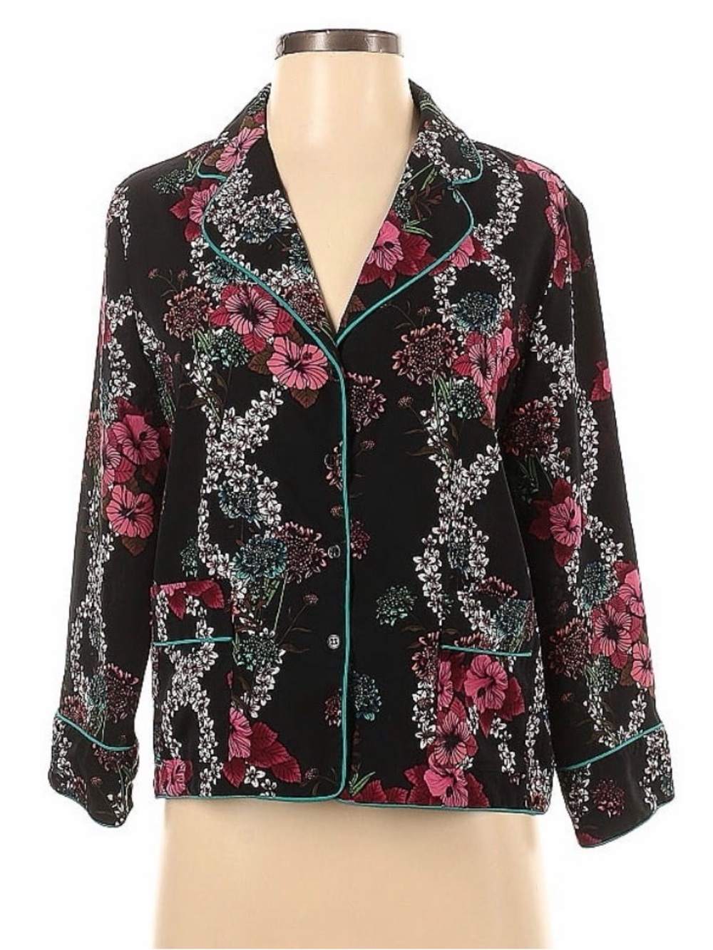 Sandro Black Floral Satin Blazer with Pink & Green Accents